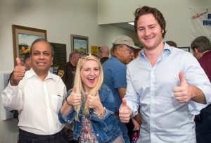 Andi Kilgore (center), with Shyam Chidamber (left) and Matt Sweeny (right), director and CEO, respectively, of the drones’ manufacturer Flirtey.