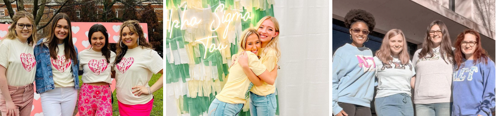 Collage of three photos featuring collegiate members. On left - group of five collegians wearing pink and hearts. In middle - two collegians wearing yellow hug in front of an illuminated "Alpha Sigma Tau" neon sign. On right, four collegians in lettered sweatshirts pose outdoors for a photo.